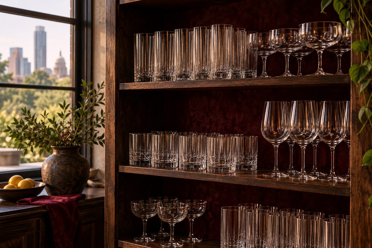 Organized timber storage shelving displaying classified glassware batches.