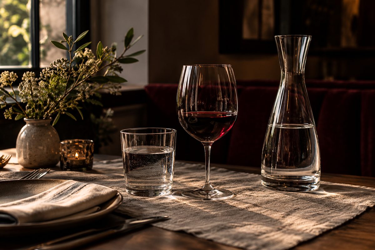 Fine dining table setting arranged with coordinated commercial glassware.