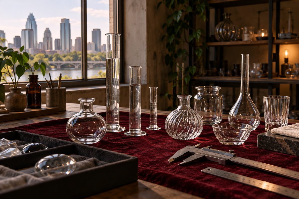 Technical glassware verification workbench with calipers and volume measurement cylinders.