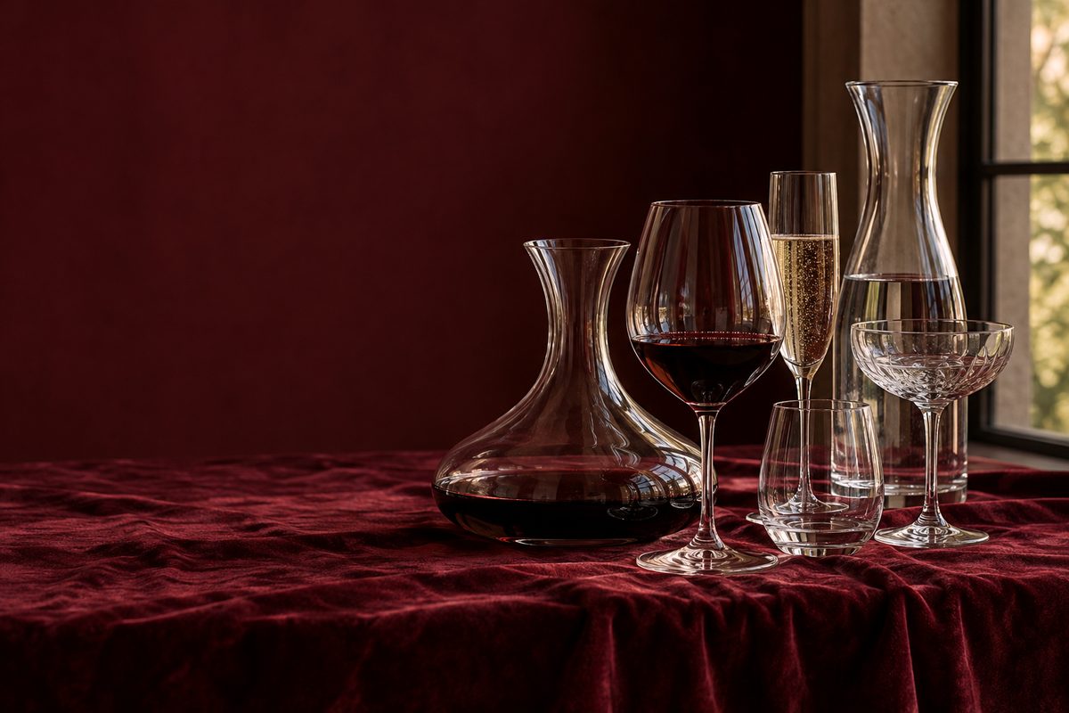 Curated commercial glassware suite including wine stems and carafes arranged against a deep burgundy backdrop.