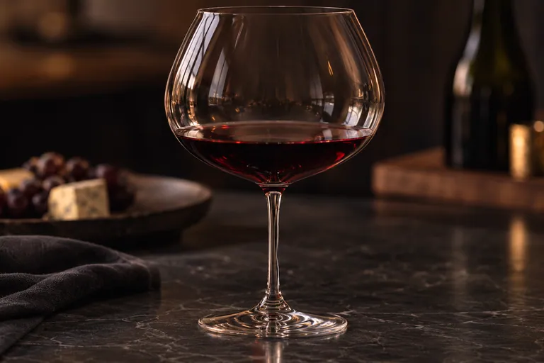 Expansive Burgundy balloon stemware bowl engineered for complex red wine aeration.