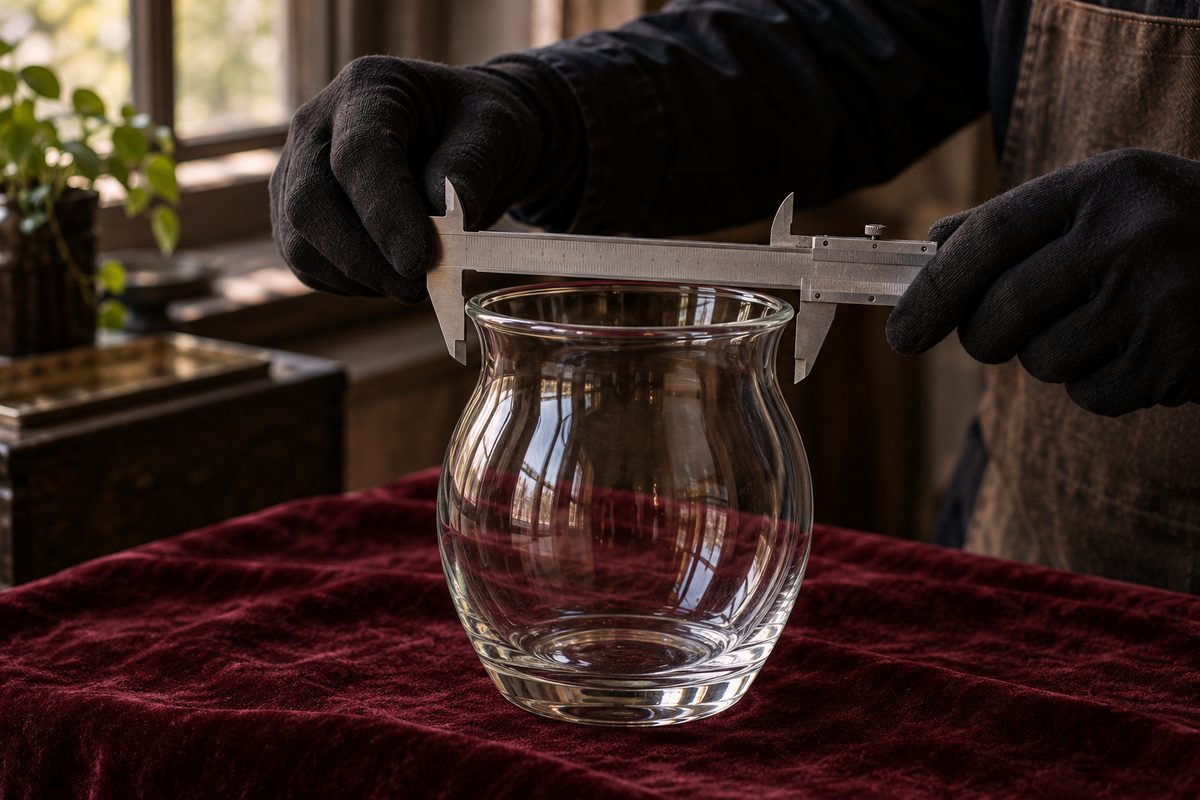 Technician measuring exact glassware rim tolerances with a vernier caliper.